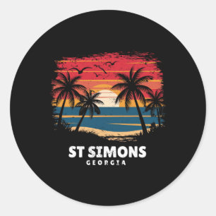 Sticker Rond Plage de St Simons Géorgie Surfboarder Palmier Sou