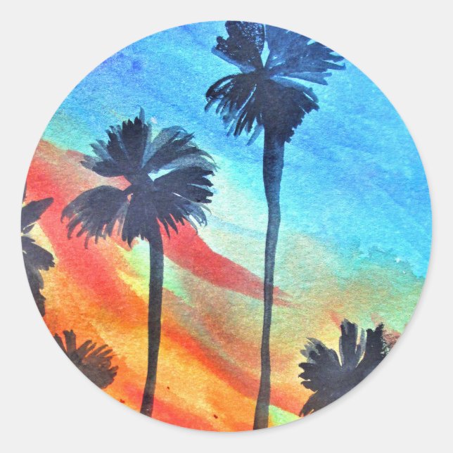 Sticker Rond Plage de Sunset Palm trees Art surf (Devant)