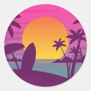 Sticker Rond Plage de surf de coucher de soleil violet