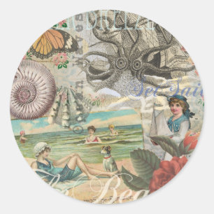 Sticker Rond plage d'été poulpe vintage antique voile