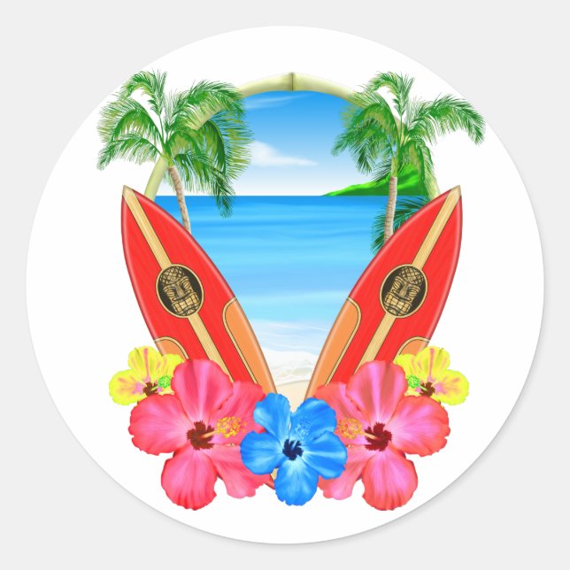 Sticker Rond Plage et planches de surf tropicales (Devant)