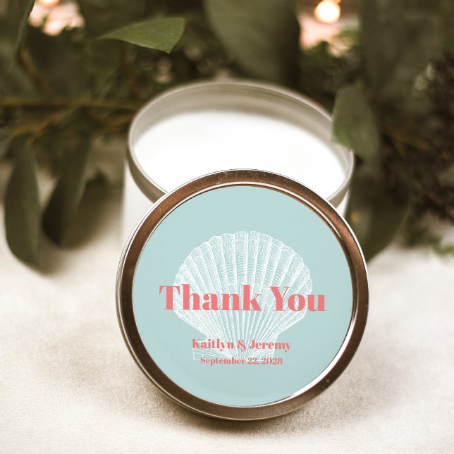 Sticker Rond Plage Mariage Coquillage Merci Aqua Coral Rose (Créateur téléchargé)