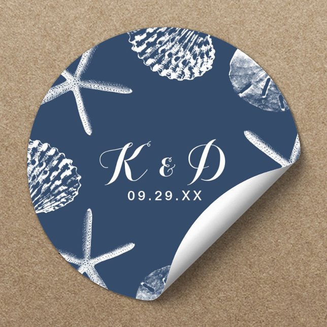 Sticker Rond Plage Mariage Marine Coquillages Bleus Mariage Fav (Créateur téléchargé)