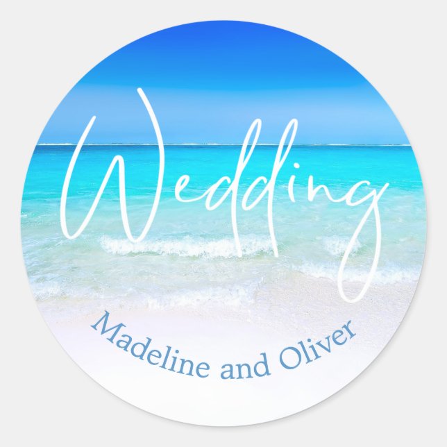 Sticker Rond Plage mariage Océan Bleu Sable Destination Moderne (Devant)