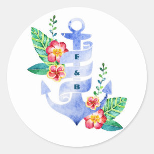 Sticker Rond Plage nautique Floral Blue Ancre phoque Mariage