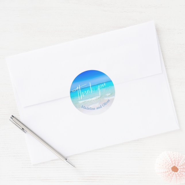Sticker Rond Plage Ocean Blue Sand Merci moderne (Enveloppe)
