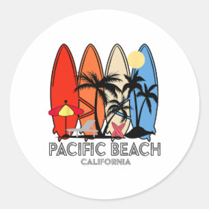 Sticker Rond Plage Pacifique Californie Planche de Surf Rétro V