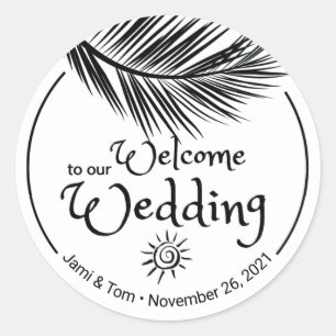 Sticker Rond Plage Palm Feuille Noir et Blanc Mariage Bienvenue