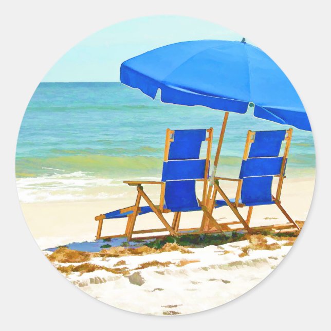 Sticker Rond Plage, parasol et chaises à la plage (Devant)