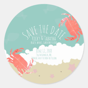 Sticker Rond Plage Sauvez la date Crabe Sable Ocean Waves