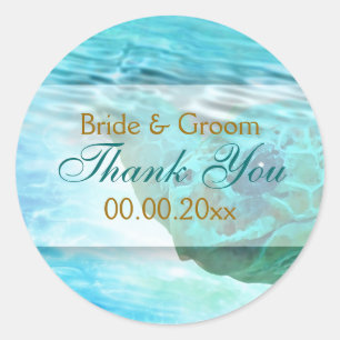 Sticker Rond Plage thème tortue mariage "merci"