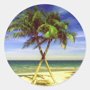 Sticker Rond Plage tropicale d'île de palmier des Caraïbes