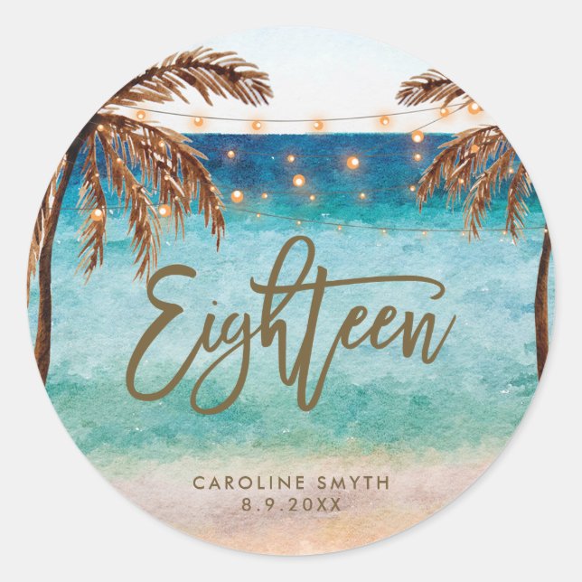 Sticker Rond plage tropicale dix-huit 18e anniversaire autocoll (Devant)
