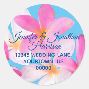 Sticker Rond Plage Tropicale Fleurs Roses Bleu de Mer Adresse d