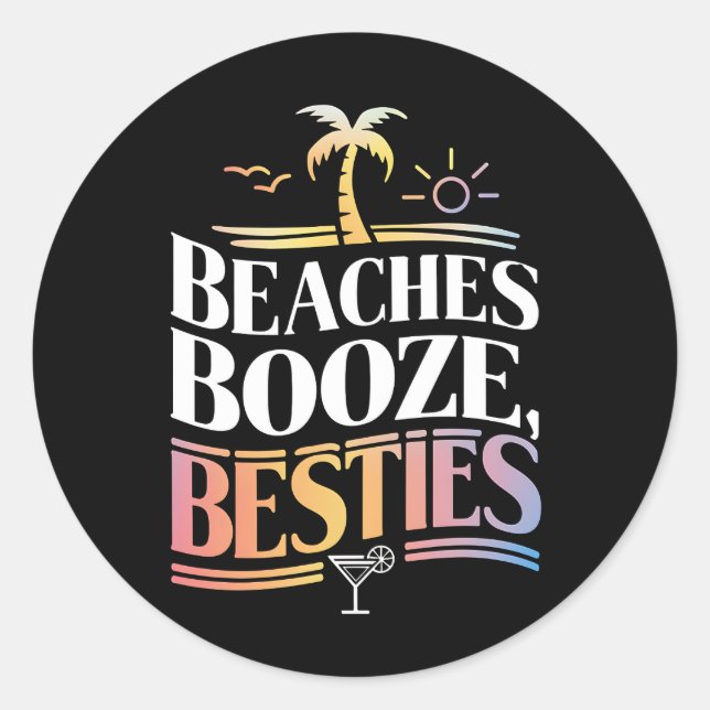 Sticker Rond Plages Booze & Besties Coconut Tree été (Devant)