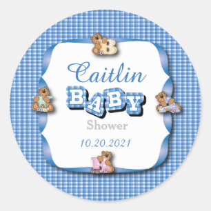 Sticker Rond Plaid bleu avec ours bébé   Baby Boy Shower