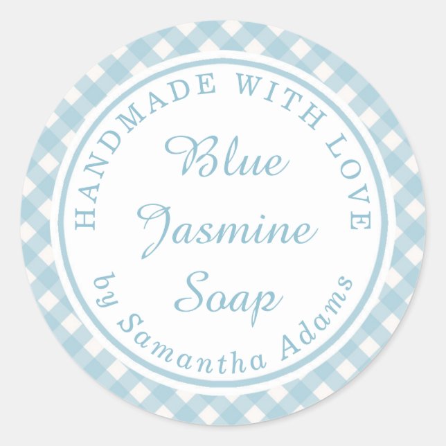 Sticker Rond Plaid Bleu Doux Fait À La Main Avec Amour (Devant)