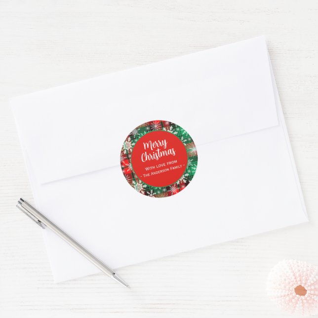 Sticker Rond Plaid Et Snowflakes Noël Motif 1 (Enveloppe)