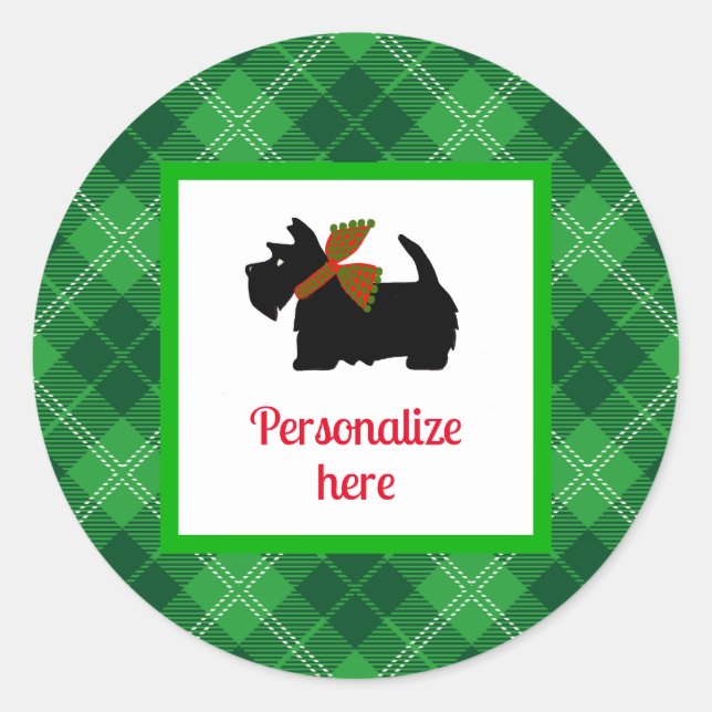 Sticker Rond Plaid Scotty Chien Merry cadeau personnalisé (Devant)