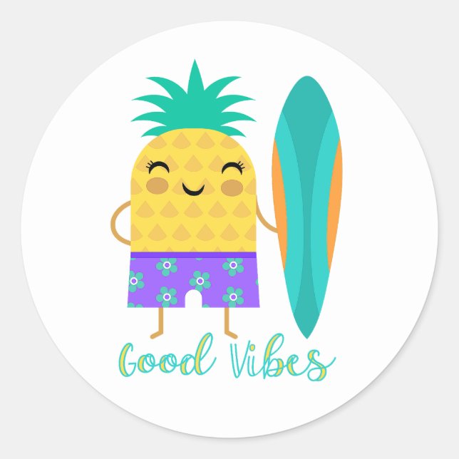Sticker Rond Planche de Surf à ananas surf Summer Good Vibes (Devant)