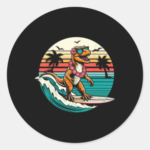 Sticker Rond Planche de surf dinosaure drôle plage été surfant 
