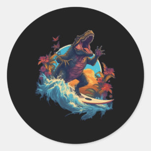 Sticker Rond Planche de surf dinosaure plage surf surfeur dinos