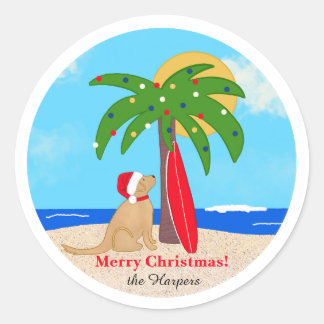Sticker Rond Planche de surf Palmier Santa Dog Set de Noël