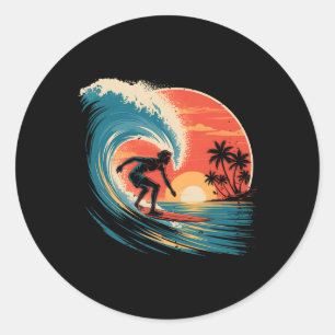 Sticker Rond Planche de surf vintage rétro surfer de plage