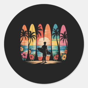 Sticker Rond Planchiste Hawaï Vague Passionné de Surf Plage Sur