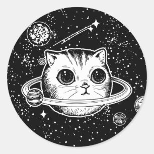 Sticker Rond Planète cosmique de chat, noire et blanche