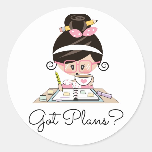 Sticker Rond Plans Planificateur Fille Cheveux foncé Peau clair (Devant)