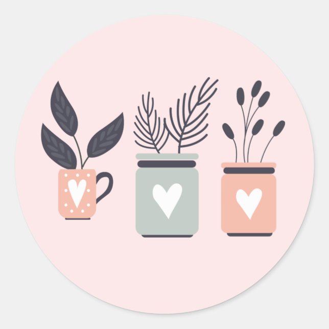 Sticker Rond Plantes de pot moderne rose et gris pastel (Devant)