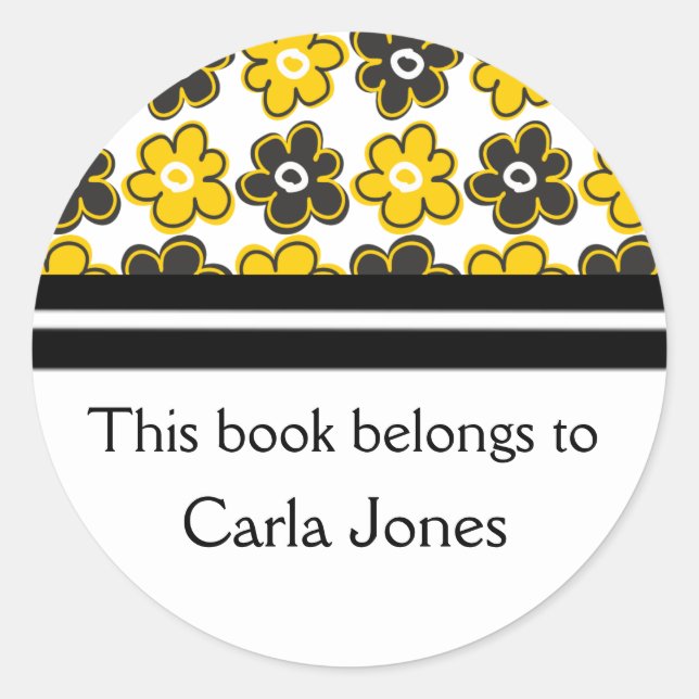Sticker Rond Plaques de livre personnalisées|Fleurs Jaunes Noir (Devant)