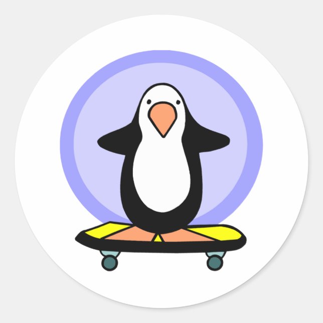 Sticker Rond Plat Skateboarder Pingouin Skateboard Fun (Devant)