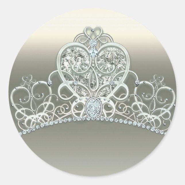 Sticker Rond Platine ivoire princesse coeur Tiara fête d'annive (Devant)