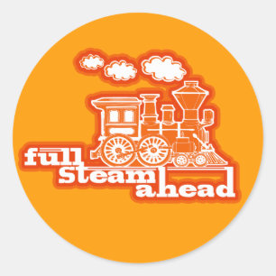 Sticker Rond "plein vapeur devant" loco train enfants orange au