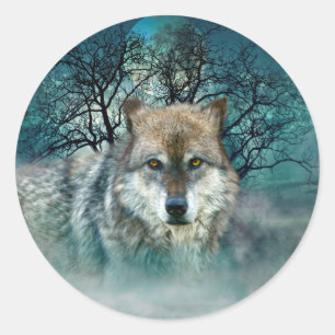 Sticker Rond Pleine lune de loup dans le brouillard