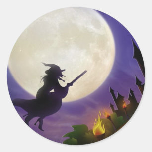 Sticker Rond Pleine lune de sorcière d'Halloween
