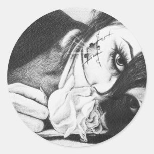 Sticker Rond Pleurant fille avec rose dessin surréaliste