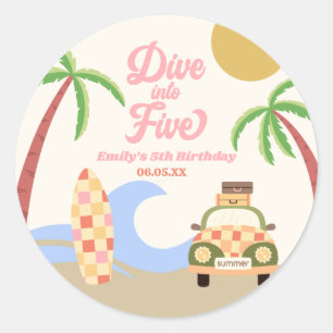 Sticker Rond Plongez dans cinq Surfs Pink 5e anniversaire fête