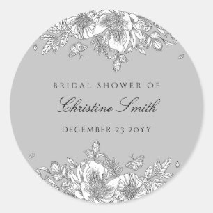 Sticker Rond Pluie de mariage en gris avec dessin de fleurs