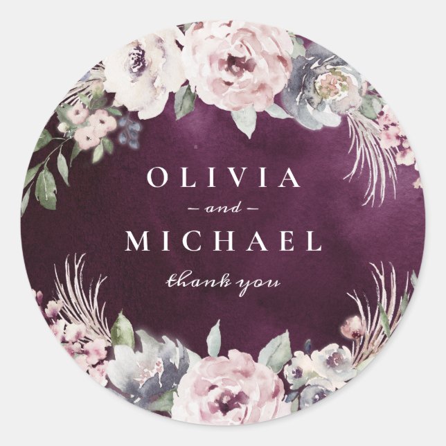 Sticker Rond Plum & boho rose pâle mariage floral rustique (Devant)