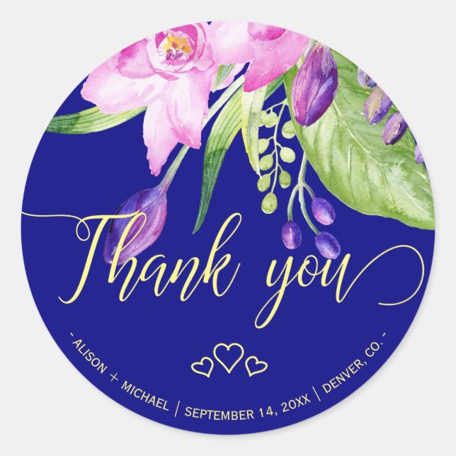 Sticker Rond Plum marine mariage floral d'été Merci (Devant)