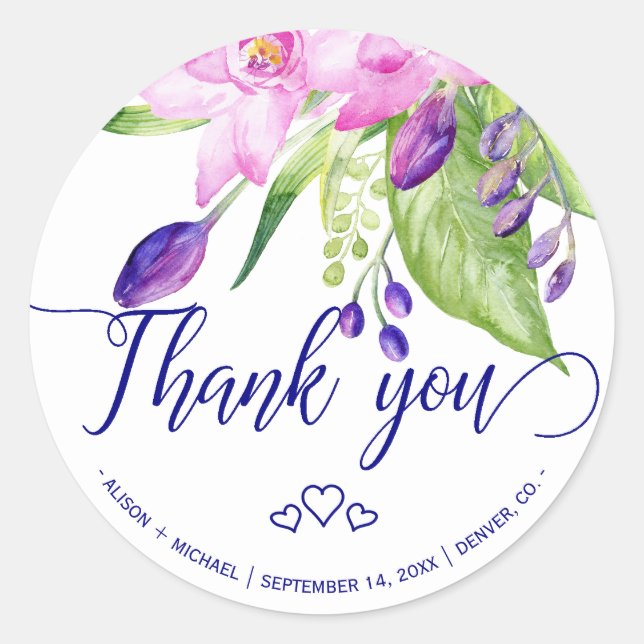 Sticker Rond Plum marine rose mariage floral d'été Merci (Devant)