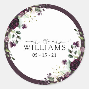 Sticker Rond Plum violet mauve Floral Aquarelle Script Mariage