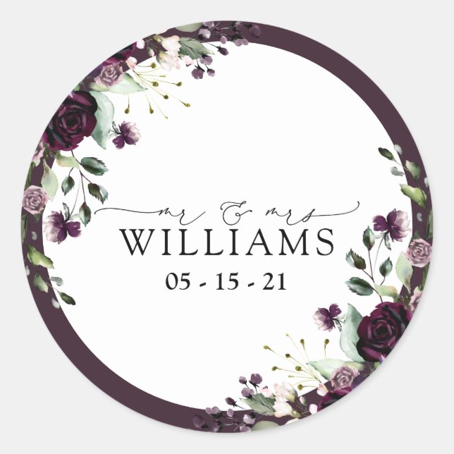 Sticker Rond Plum violet mauve Floral Aquarelle Script Mariage (Devant)