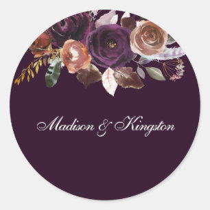 Sticker Rond Plum violet Pêche Bourgogne Fleurs Mariage Nom
