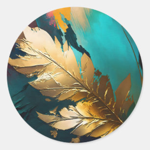 Sticker Rond Plume Doré – Élégance Abstraite Luxueuse