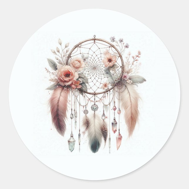 Sticker Rond Plumes de cristal floral Dreamcatcher Boho Sweet 1 (Devant)