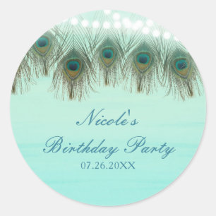 Sticker Rond Plumes de paon et guirlande lumineuse Fête rustiqu